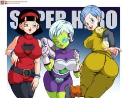 3girls black_hair blue_eyes blue_hair bulma_briefs cheelai clothed clothed_female clothing dat_ass dragon_ball dragon_ball_super dragon_ball_super_super_hero franfuentesart2 fully_clothed green-tinted_eyewear green_skin gun multiple_girls pants ray_gun scouter smile tinted_eyewear tongue_out videl videl_(dragon_ball_super) white_hair