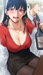 1boy 1girls alcohol big_breasts black_hair black_legwear blush bra_peek breasts cleavage collarbone drooling drunk earrings fully_clothed hairband happy heavy_breathing hews_hack highres legwear loid_forger long_hair microskirt necklace open_mouth pantyhose red_eyes sitting skirt smile spy_x_family sweatdrop sweating yor_briar yor_forger