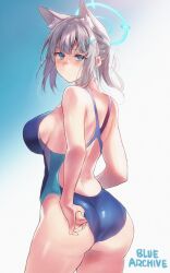 adjusting_clothes adjusting_swimsuit animal_ear_fluff animal_ears ass blue_archive blue_eyes blush breasts competition_swimsuit copyright_name female female grey_hair hair_ornament large_breasts looking_at_another medium_hair one-piece_swimsuit sawaya_(mizukazu) shiroko_(blue_archive) shiroko_(swimsuit)_(blue_archive) sideboob solo swimsuit thighs x_hair_ornament