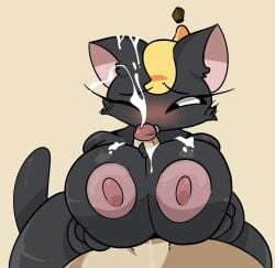 banana big_areola big_breasts boobjob breadmunch_(treshbaggy) catgirl cum_on_breasts cum_on_face cute furry grey_fur open_mouth paizuri shiny_fur treshbaggy winking_at_viewer