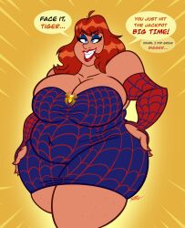 1girls bbw belly belly_button big_belly big_breasts blue_dress blue_eyes blue_eyeshadow breasts bulge chubby chubby_female cleavage dress eyelashes eyeshadow fat female freckles freckles_on_breasts hand_on_hip huge_belly huge_breasts lipstick marvel marvel_comics mary_jane_watson nail_polish overweight overweight_female red_hair samperez smile spider-man spider-man_(series) thick_thighs tight_clothing tight_dress wide_hips