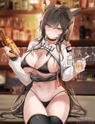 absurdres alcohol alcoholic_drink animal_ear_fluff animal_ears atago_(azur_lane) atago_(stunning_speedster)_(azur_lane) azur_lane bangs bar bikini black_bikini black_choker black_hair black_legwear blurry blurry_background bottle breasts choker cleavage cup dog_ears dolechan drawstring drinking_glass female grin hair_between_eyes highres holding holding_bottle holding_cup ice ice_cube jack_daniel's large_breasts long_hair looking_at_viewer mole mole_under_eye navel official_alternate_costume shrug_(clothing) sidelocks sitting skindentation smile solo stomach swimsuit thigh_gap thighhighs very_long_hair whiskey yellow_eyes