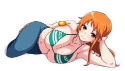 1girls big_breasts bikini bikini_top female female_only jeans laying_on_side long_hair looking_at_viewer lying_on_side nami on_side one_piece orange_hair solo striped_bikini tawashi1623