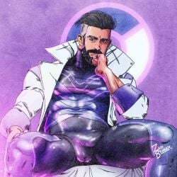 bulge clothed male_only muscles muscular muscular_male open_coat pokemon pokemon_sv professor_turo spread_legs zach_brunner