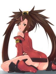 2022 alternate_costume ass boots brown_eyes brown_hair china_dress detached_sleeves dress guilty_gear hair_ornament heel_boots heels kuradoberi_jam long_hair looking_at_viewer looking_back msakiloveruiko panties pantyshot pink_panties short_dress tagme thighs very_long_hair wariza