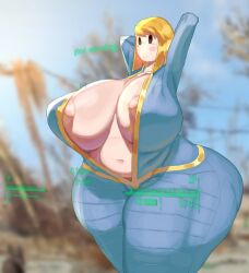 2022 areola_slip arms_behind_head big_breasts blonde_hair breasts curvaceous curvy fallout female female_focus gameplay_mechanics hips huge_breasts koi_alive mob_face short_hair slightly_chubby solo solo_female solo_focus thick_thighs thighs vault_girl vault_suit voluptuous wide_hips zipper_down