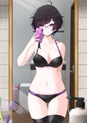 big_breasts black_hair black_nails bra fingernails glasses kometa_virtual_live lazycoffee midriff miria_(vtuber) mirror mirror_selfie nail_polish navel panties purple_eyes thighhighs thighs underwear virtual_youtuber