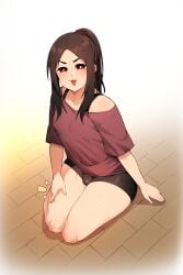 ain(in) blush brunette brunette_hair bulge bulge_through_clothing femboy feminine_male in_(ain) kneeling kneeling_on_floor lap_pillow_invitation light-skinned_femboy light-skinned_trap light_skin original_character penis red_eyes smirk thick_thighs thighs trap twink