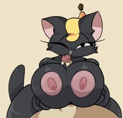 banana big_areola big_breasts boobjob breadmunch_(treshbaggy) catgirl cute furry grey_fur open_mouth paizuri shiny_fur treshbaggy winking_at_viewer