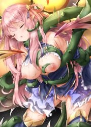 arm_grab bare_shoulders blue_dress bound bound_arms bound_legs breasts closed_eyes defeat detached_sleeves dress elf female hair_ornament hair_rings hatsune_(princess_connect!) highres interspecies large_breasts leg_grab long_hair monster neck_grab nipples open_mouth pink_hair plant plant_monster plant_sex plant_tentacle pointy_ears princess_connect! rape restrained ryona star_(symbol) star_hair_ornament sugiyuu tentacle tentacle_sex thorns torn_clothes torn_dress