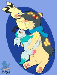 3:4 anal bodily_fluids clothed clothing cum cum_in_mouth cum_in_pussy cum_inside eevee female genital_fluids group group_sex hi_res male male/female male/male mostly_nude nintendo oral oral_penetration partially_clothed penetration pichu pokémon_(species) pokemon pokemon_(species) quilava rimming scarf scarf_only sex syngie_(artist) vaginal_penetration video_games