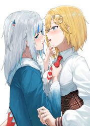 2girls absurdres after_kiss animal_hood bangs big_breasts blonde_hair blue_eyes blue_hair blue_hoodie blunt_bangs blush breasts clothed collared_shirt face-to-face flat_chest gawr_gura grey_hair hair_ornament hand_on_another's_chin hi_res highres hololive hololive_english hololive_myth hood hoodie kase-22 long_hair long_sleeves looking_at_another looking_at_viewer looking_back medium_hair multicolored_hair multiple_girls necktie necktie_grab neckwear_grab open_mouth red_necktie saliva saliva_trail shark_hair_ornament shark_hood shirt short_hair small_breasts streaked_hair two_side_up upper_body virtual_youtuber watson_amelia white_background white_hair white_shirt wholesome yuri