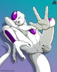 2022 absurd_res alien animal_genitalia anthro anus digital_media_(artwork) dragon_ball dragon_ball_z feet foot_fetish foot_focus frieza frieza_race genital_slit genitals hi_res humanoid looking_at_viewer male male_focus male_only not_furry nude prehensile_feet prismanoodle_(artist) red_eyes simple_background slit smile solo solo_male