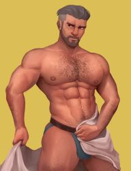 bulge dadsado hairy jockstrap male_only muscles muscular muscular_male pokemon pokemon_sv professor_turo sweaty teasing towel