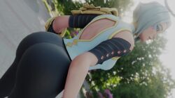 1girls 3d animated ark_(fortnite) ass ass_shake bare_shoulders breasts female fortnite from_behind huge_ass jiggle kishi pants shiny shiny_clothes shiny_hair shiny_skin short_hair sideboob silver_hair smile solo video webm yoga_pants