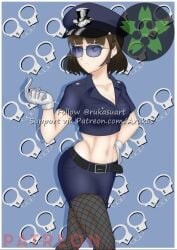 arukas blue-tinted_eyewear fishnets makoto_niijima persona persona_5 police_hat police_uniform policewoman stockings sunglasses tinted_eyewear