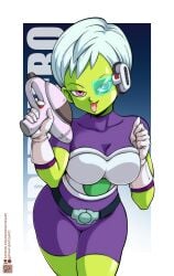 1girls alien_girl battle_armor cheelai clothed clothed_female clothing dragon_ball dragon_ball_super female female_only franfuentesart2 green-tinted_eyewear green_skin gun pink_eyes ray_gun scouter solo solo_female tinted_eyewear tongue_out white_hair