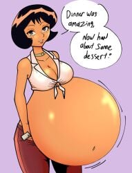 1girls alex_(totally_spies) belly belly_stuffing big_belly big_breasts black_hair bloated bloated_belly breasts cleavage colored dark-skinned_female dark_skin female huge_belly latina overgrowingassets stuffed stuffed_belly stuffing totally_spies