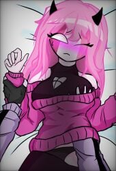 blush breast_grab friday_night_funkin horns panties pink_hair pink_sweater ruv_(dokki.doodlez) sarvente_(dokki.doodlez)