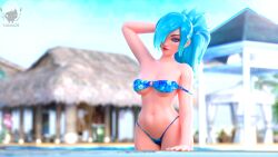 1girls 3d bikini bikini_bottom bikini_top blue_eyes blue_hair clothed clothed_female evie_(paladins) female female_only light-skinned_female light_skin looking_at_viewer medium_breasts paladins pool solo solo_female swimwear teasing watermark yazanios