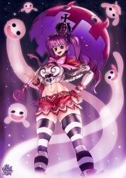 1girls bangs black_eyes female female_only ghost goth hand_on_hip hi_res long_hair looking_at_viewer one_piece perona pink_hair pink_lips smiling smiling_at_viewer solo solo_female striped_legwear striped_thighhighs thegoldensmurf thick_thighs thigh_squish thighhighs twintails umbrella