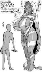 1boy 1girls areola_slip barefoot big_breasts circlet cleavage closed_eyes dark-skinned_female dark_souls detached_sleeves faceless_male female fromsoftware full_body goddess height_difference huge_breasts japanese_text komusou_(jinrikisha) large_areolae larger_female male mini_giantess mole_on_breast monochrome queen_of_sunlight_gwynevere revealing_clothes smaller_male smile standing tall_female taller_girl thick_thighs tiara veil wide_hips