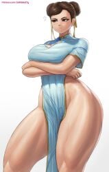 1girls 2022 absurd_res artist_signature bare_legs blush breasts brown_eyes brown_hair capcom china_dress chinese_clothes chun-li chun-li_(battle_ouffit_sf6) chun-li_(street_fighter_6) cleavage clothed double_slit_dress dress embarrassed female female_only folded_arms high_slit_dress hips huge_breasts large_breasts no_panties no_panties_under_dress patreon_username pouting short_hair side_slit simple_background slim_waist slit_dress solo street_fighter street_fighter_6 superbusty thick_thighs thighs thunder_thighs twin_buns white_background wide_hips