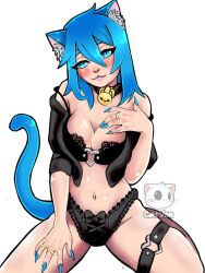 1girls bell_collar belly_button_piercing blue_eyes blue_hair blue_tail blush bra breasts cat_ears catgirl collar female female_only garter humanoid jacket jewelry kemonomimi kneeling lingerie long_nails looking_at_viewer neko panties presenting solo tail xcatvonx