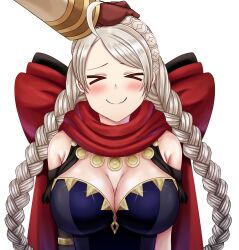 >_< 1boy 1girls ahoge bangs between_breasts braid breasts capelet chest_harness cleavage closed_eyes closed_mouth commission female female_focus fire_emblem fire_emblem_fates fire_emblem_heroes gloves hairband harness headpat highres hood hooded_capelet kiran_(fire_emblem) kiran_(fire_emblem)_(male) large_breasts leather leather_gloves leather_strap long_hair male nina_(fire_emblem) nintendo non-web_source official_alternate_costume saikunartworks smile strap_between_breasts transparent_background twin_braids upper_body wholesome