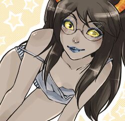 cleavage clothed down_blouse glasses happy homestuck intimate_distance looking_at_viewer loose_clothes small_breasts strap_slip underwear vriska_serket