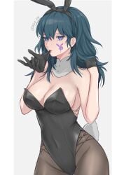 1girls alternate_costume artist_signature blue_eyes breasts bunny_ears bunny_girl bunny_tail bunnysuit byleth_(fire_emblem) byleth_(fire_emblem)_(female) cleavage fire_emblem fire_emblem:_three_houses gloves hi_res looking_at_viewer medium_hair shimizu_akina sideboob solo teal_hair tight_clothing watermark