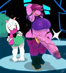 1boy 1futa anthro big_breasts big_penis bottomless breasts clothed clothing deltarune deltarune_futanari duo erection erection_under_clothes foreskin futa_is_bigger futanari glans huge_balls huge_breasts huge_cock hyper hyper_penis intersex long_penis looking_at_penis male mostly_clothed penis penis_awe penis_out penis_size_difference ralsei retracted_foreskin standing starykrow susie_(dark_world_form) susie_(deltarune) tagme thick_thighs uncircumcised uncut wide_hips