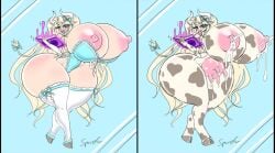 1girls before_and_after cow_girl female female_only lilith_art lingerie lip_expansion looking_at_viewer massive_ass massive_breasts massive_thighs nipples original original_character pussy skin_color_change solo species_transformation transformation udders