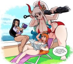 3girls ass_cleavage big_breasts bikini black_hair breasts_bigger_than_head butt_crack enormous_ass enormous_breasts fat_ass female female_only huge_ass huge_breasts long_hair massive_ass massive_breasts mini_giantess nami nico_robin one_piece orange_hair post-timeskip shounen_jump skindentation superspoe swimsuit tagme tall_girl two_tone_hair weapon yamato_(one_piece)