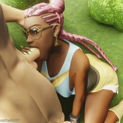 3d 3d_(artwork) blender blender_(software) blowjob breasts brown_skin cg dark-skinned_female dark_skin deep_blowjob deepthroat female fortnite fortnite:_battle_royale interracial kiara_k.o_(fortnite) oral oral_penetration oral_sex outside outside_sex partial_male pink_hair sex straight xzcrystal3d