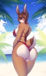 2022 anthro beach bikini breasts brown_body brown_eyes brown_fur brown_hair clothed clothing day detailed_background digital_media_(artwork) eyebrows eyelashes female fur hair hi_res knight_dd lagomorph leporid mammal outside rabbit sand seaside shoreline sky solo swimwear water