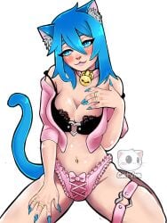 1girls bell_collar belly_button_piercing blue_eyes blue_hair blue_tail blush bra breasts cat_ears catgirl collar female female_only garter humanoid jacket jewelry kemonomimi kneeling lingerie long_nails looking_at_viewer neko panties pink pink_clothing presenting solo tail xcatvonx yvonne