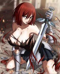 armor armored_gloves big_breasts breasts cleavage erza_scarlet fairy_tail female female_only hair_cut magical_girl rakara11 red_eyes red_hair seductive skirt sword tattoo