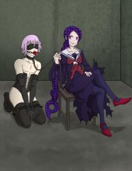 androgynous blindfold blindfolded crona_(soul_eater) cuffed cuffs dominant_female dominatrix female femdom feminine_male gag gagged leash leather pale_skin pink_hair sex_slave shaula_gorgon slave soul_eater white_skin