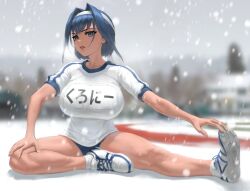 1girls blue_eyes blue_hair cold_setting gym_clothes hairband hololive hololive_english hololive_english_-council- hololive_english_-promise- huge_breasts infi_mt looking_at_viewer ouro_kronii png snow solo solo_female stretching virtual_youtuber