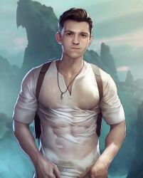 actor celebrity clothed in_character looking_at_viewer male_only muscles muscular muscular_male nathan_drake nerdyart pin_up solo_male tom_holland uncharted wet_clothes