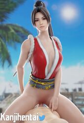 2022 3d artist_name asian_female beach bottomless brown_eyes brown_hair clothed_sex cowgirl_position dress fatal_fury japanese_clothes japanese_female kanjihentai king_of_fighters long_hair looking_at_viewer mai_shiranui mustard no_panties nopan outdoor_sex partially_visible_vulva pelvic_curtain pelvic_curtain_aside ponytail pov pussy riding riding_penis snk straight twitter_username vaginal_penetration wet wet_pussy