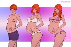 bikini blush gender_transformation hair_growth hand_on_stomach kannelart mtf_transformation pregnant pregnant_female red_hair sequence smile transformation