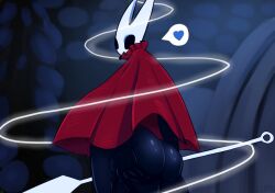 <3 1girls absurd_res anthro arthropod ass ass_focus ass_grab big_ass black_body black_eyes cloak cloak_only empty_eyes female female_only grabbing_own_ass heart hi_res holding_weapon hollow_knight horn hornet_(hollow_knight) horns insect insect_girl looking_at_viewer looking_back lumu rear_view solo speech_bubble standing weapon white_face