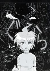 1boy black_and_white blonde_hair breasts danganronpa danganronpa:_trigger_happy_havoc danganronpa_ultra_despair_girls female gyaru junko_enoshima kirigiri_kyouko kita_kaduki large_breasts male monochrome mukuro_ikusaba multiple_girls naegi_makoto open_clothes straight straight_hair