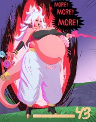 1girls android_21 belly belly_stuffing big_belly big_breasts bloated bloated_belly breasts cleavage dialogue dragon_ball dragon_ball_fighterz dragon_ball_z dranthule female hyper large_breasts majin_android_21 monster_girl pink_skin solo_female stomach_noises stuffed stuffed_belly stuffing text vore weight_gain white_hair