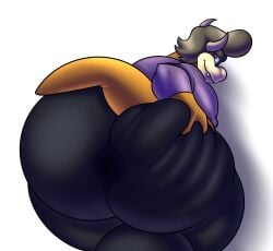 anthro ass balls_outline big_bulge big_butt bottomwear bulge clothing colelucario dominic_(colelucario) genital_outline hair hi_res horn huge_bulge huge_butt koopa male mario_(series) nintendo pants pompadour presenting presenting_hindquarters purple_clothing purple_shirt purple_topwear rear_view reptile scalie shirt simple_background solo spread_butt spreading topwear video_games white_background