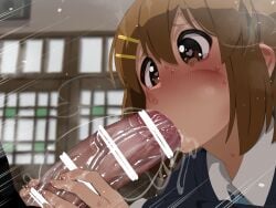 1boy 1girls big_penis blowjob blush brown_hair censor_bar censored erection fellatio female heart-shaped_pupils huge_cock k-on! large_penis mizumizuni oral penis saliva school_uniform schoolgirl short_hair veiny_penis visible_breath yui_hirasawa_(k-on!)