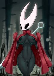 2022 anthro areolae arthropod athletic_female big_breasts black_body black_eyes breasts cape casual clitoris cloak clothing dark_skin empty_eyes eyelashes female genitals hi_res hollow_knight horn hornet_(hollow_knight) horns hourglass_figure insect insect_girl latiar navel nipples nude outerwear pussy red_cape slim_waist solo standing team_cherry undressing video_games weapon weapon_on_back white_face