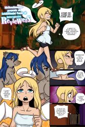 2futas angel animal_genitalia animal_penis blonde_hair blue_eyes breasts clothed clothing comic crimvael dialogue drooling elza_(ishuzoku_reviewers) english_text fully_clothed furry furry_intersex futa_only futanari halo humanoid intersex ishuzoku_reviewers light-skinned_futanari light_skin long_hair mrbooshmaster public standing text wings